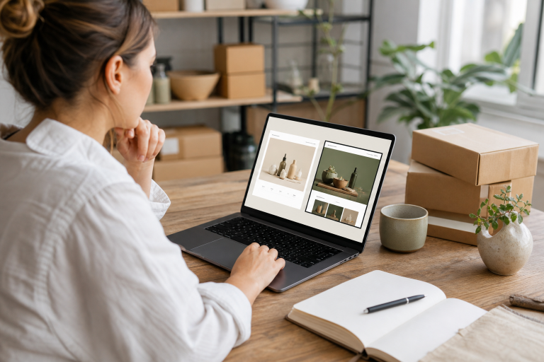 Small business owner comparing Shopify and Squarespace ecommerce options on a laptop in a modern workspace
