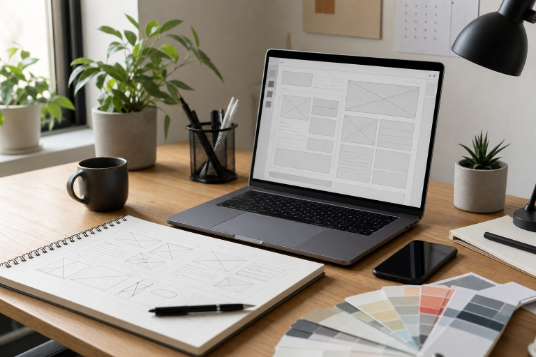 Modern workspace showing a beginner planning a website design workflow with a laptop, notebook sketches, and responsive layout ideas