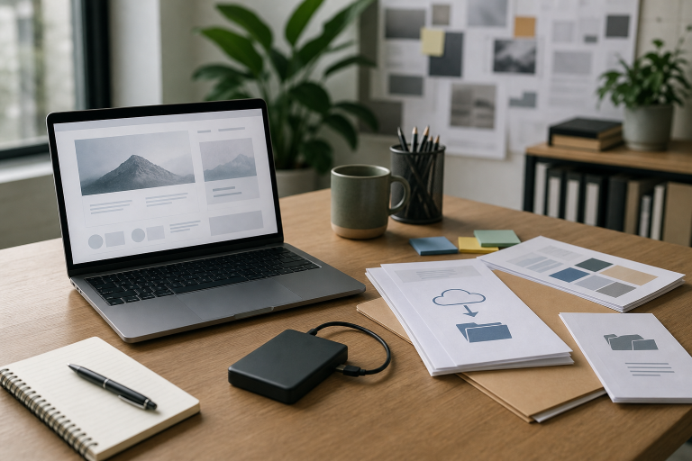 A modern workspace showing website migration planning materials beside a laptop with a generic site layout