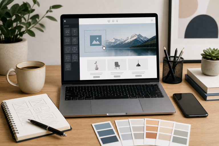 Modern workspace with a laptop, notebook, and design tools representing a beginner choosing a no-code website builder