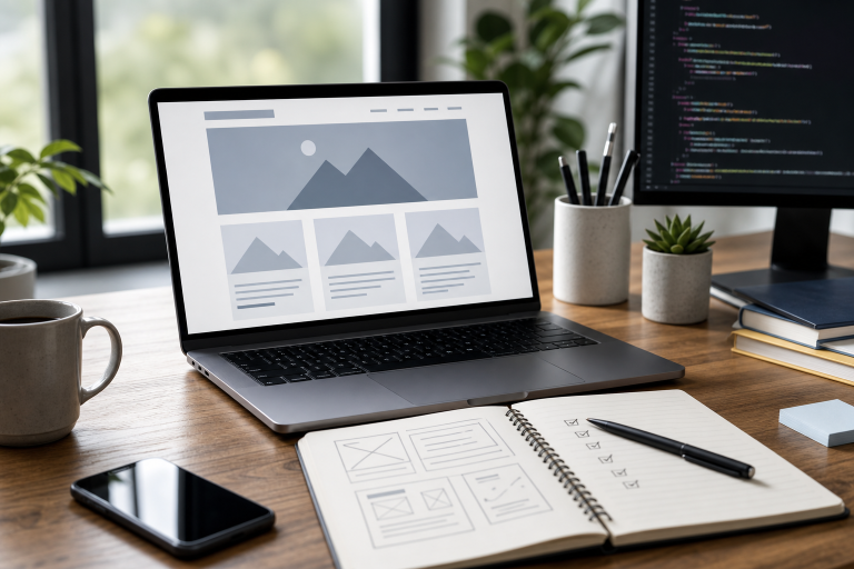 Modern workspace with a laptop, SEO checklist notes, and website planning tools for comparing website builders