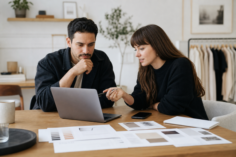 Modern workspace scene showing a small business owner and designer discussing 2026 website design trends on a laptop