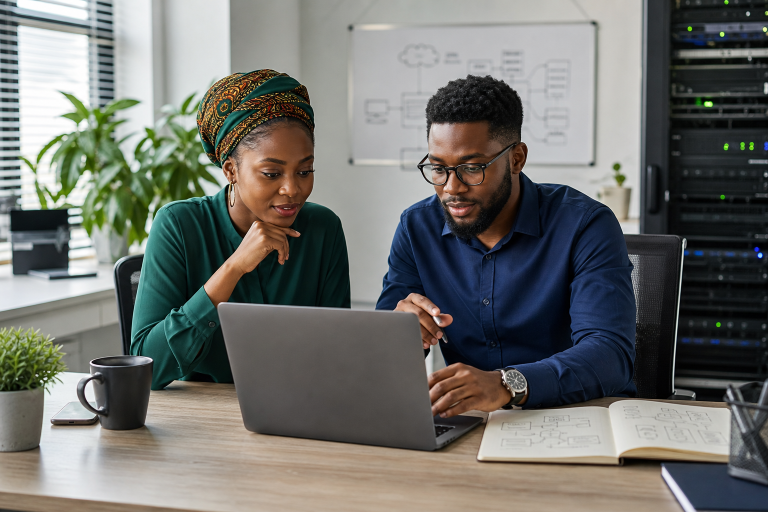 Two professionals reviewing a website launch checklist on a laptop in a modern office