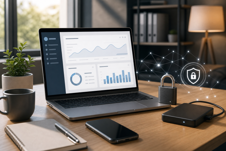 Modern small business workspace showing a laptop, security padlock, and backup devices representing website security basics.