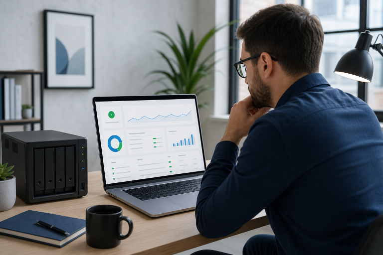 Business professional reviewing website uptime and hosting reliability on a laptop in a modern office