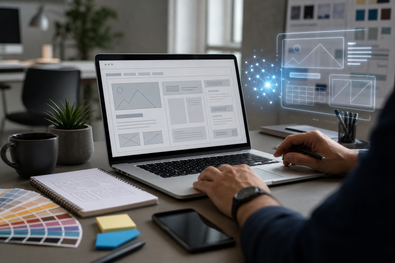 Modern web designer workspace with a laptop, wireframe sketches, and subtle AI-inspired interface elements