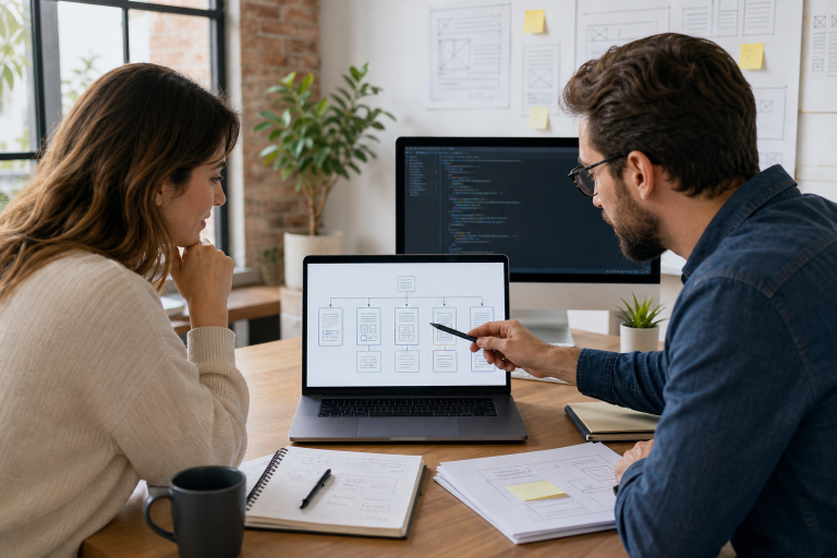 A business owner and developer reviewing a website migration plan for a custom-built site